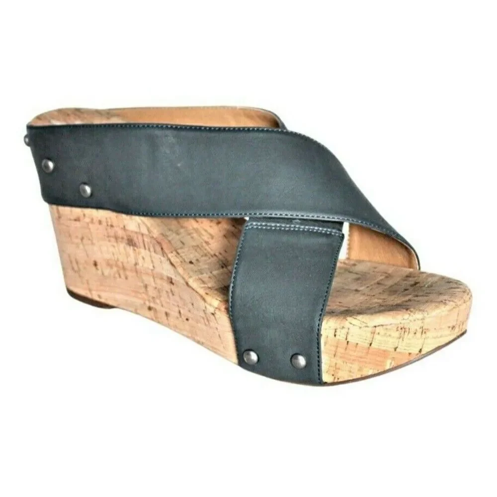 Wedges Sandals Cork Brad Studded X-Band Platform Steel Mykala Blue Women's  9.5